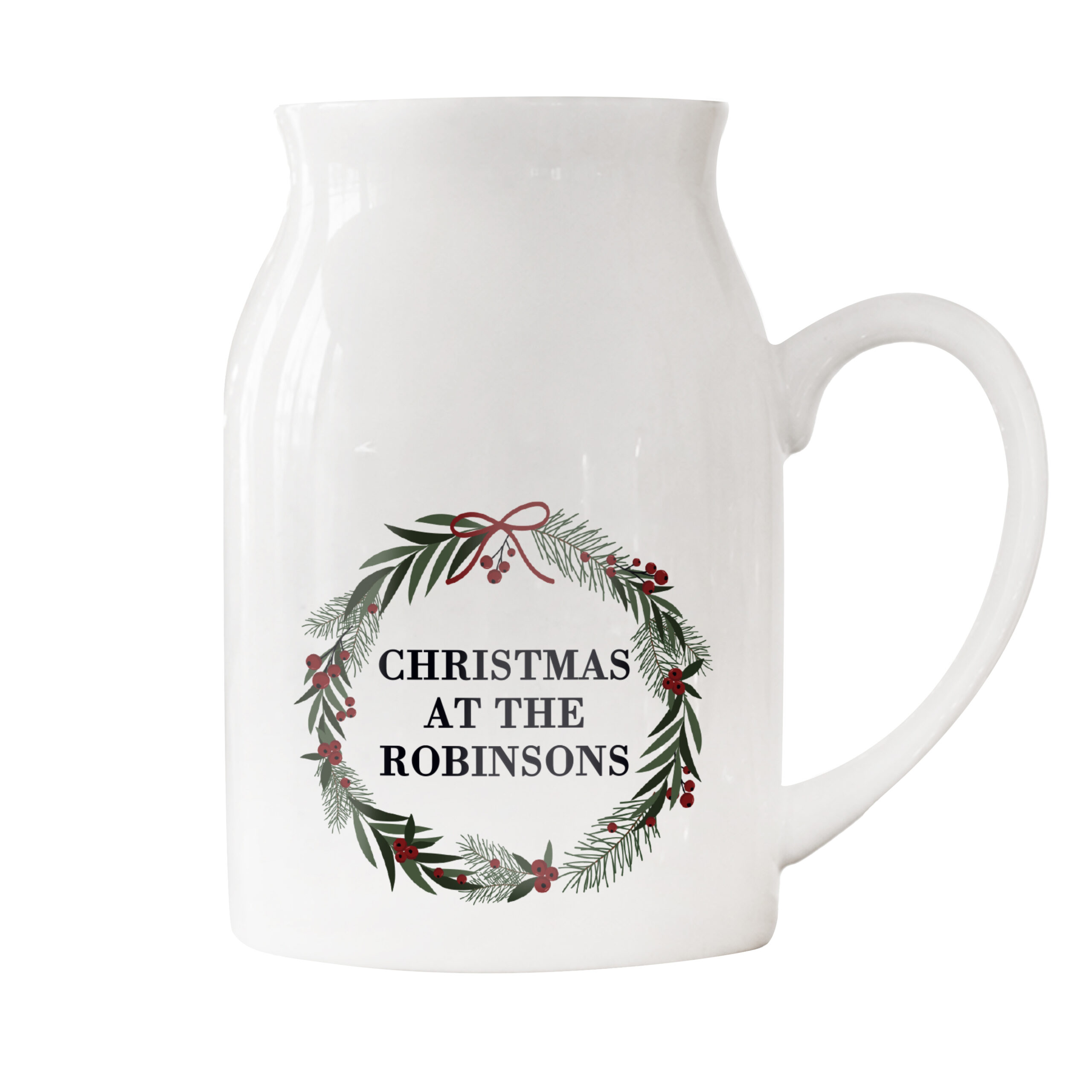 Personalised Green Christmas Wreath Ceramic Jug Vase 5 Personalised Green Christmas Wreath Ceramic Jug Vase