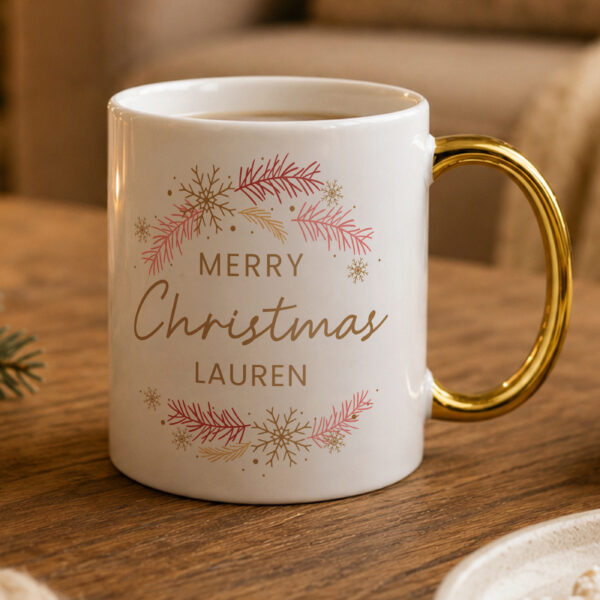 Personalised Pink & Gold Wreath Gold Handled Mug 5 Personalised Pink & Gold Wreath Gold Handled Mug