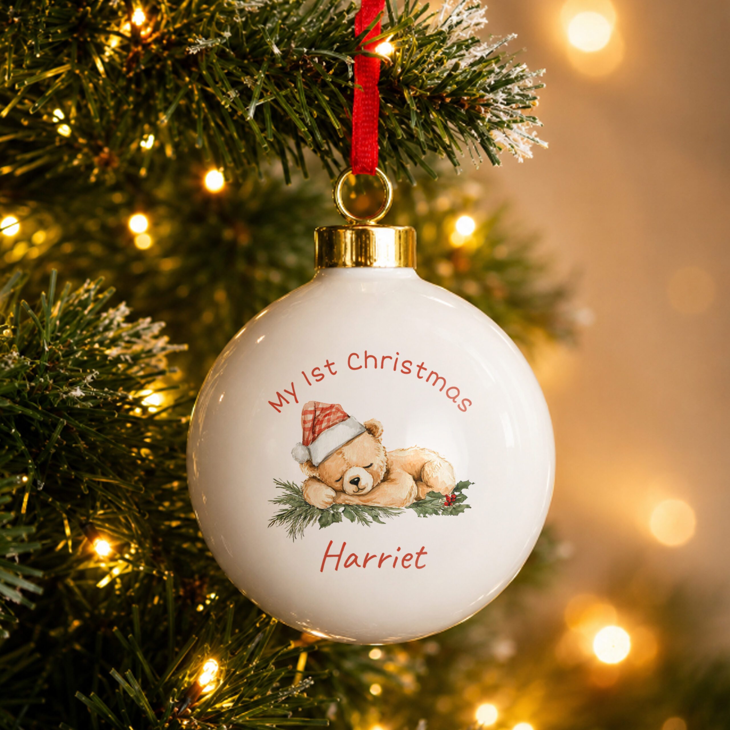 Personalised Sleepy Christmas Bear Ceramic Bauble 1 Personalised Sleepy Christmas Bear Ceramic Bauble