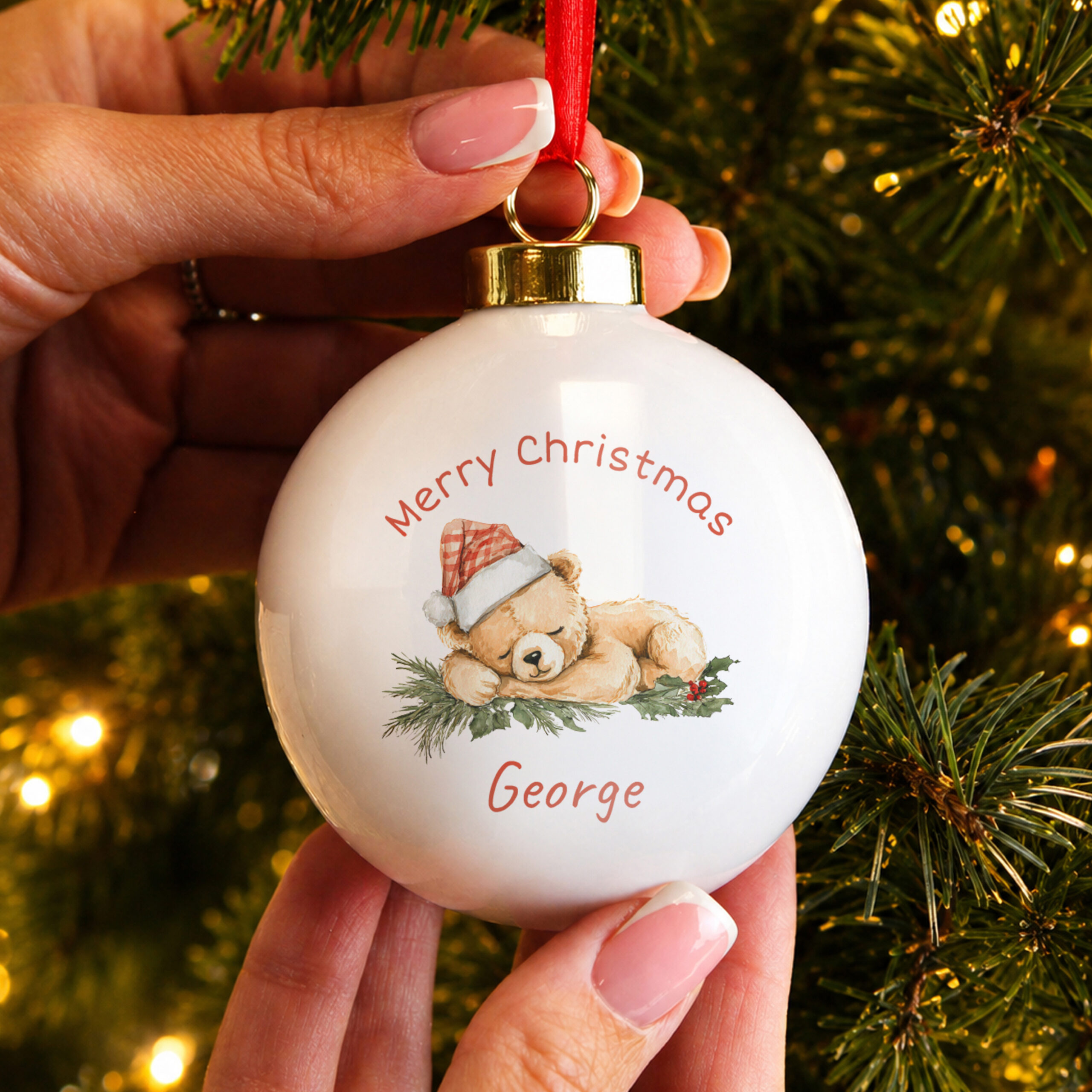 Personalised Sleepy Christmas Bear Ceramic Bauble 3 Personalised Sleepy Christmas Bear Ceramic Bauble
