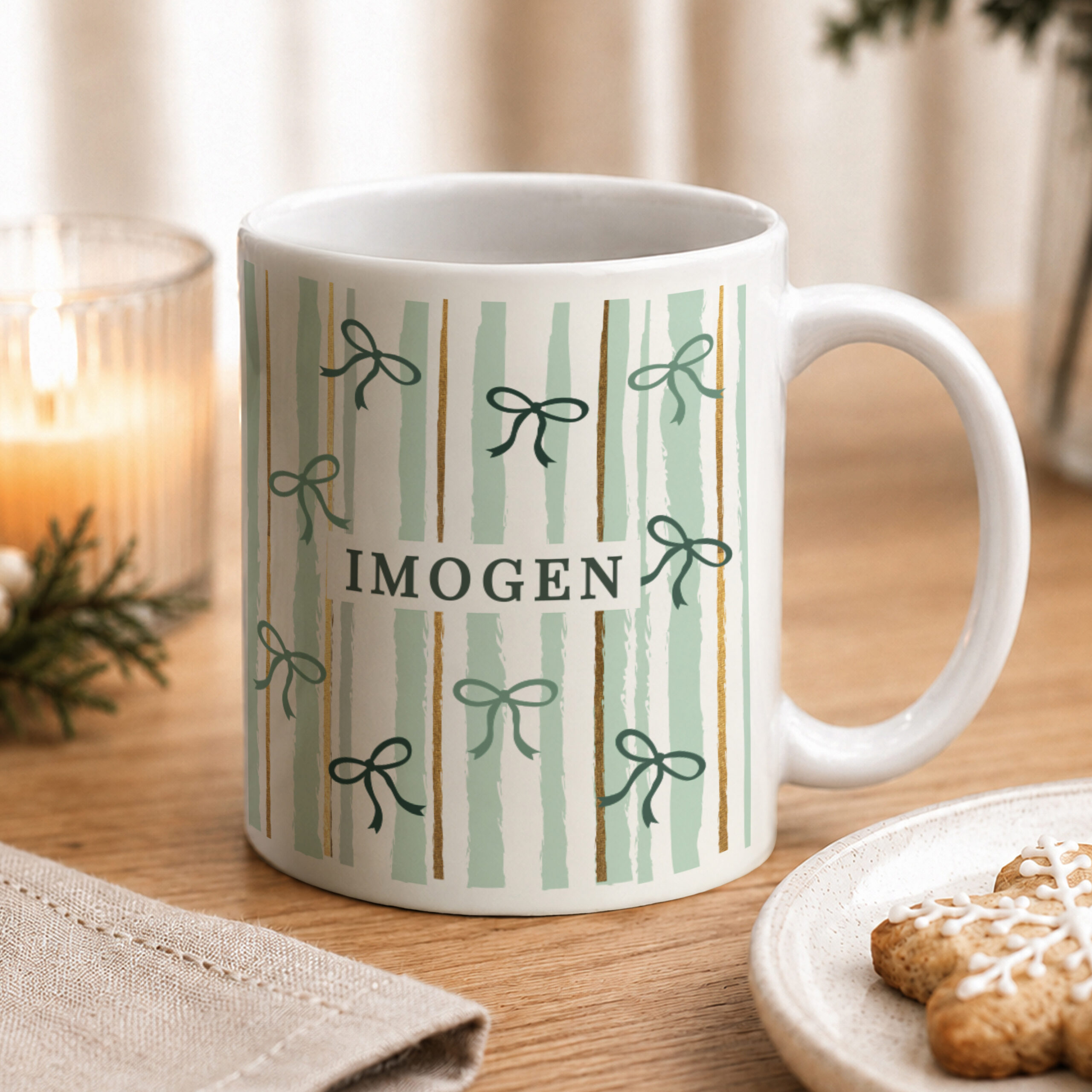 Personalised Green Stripe Bow Mug 1 Personalised Green Stripe Bow Mug