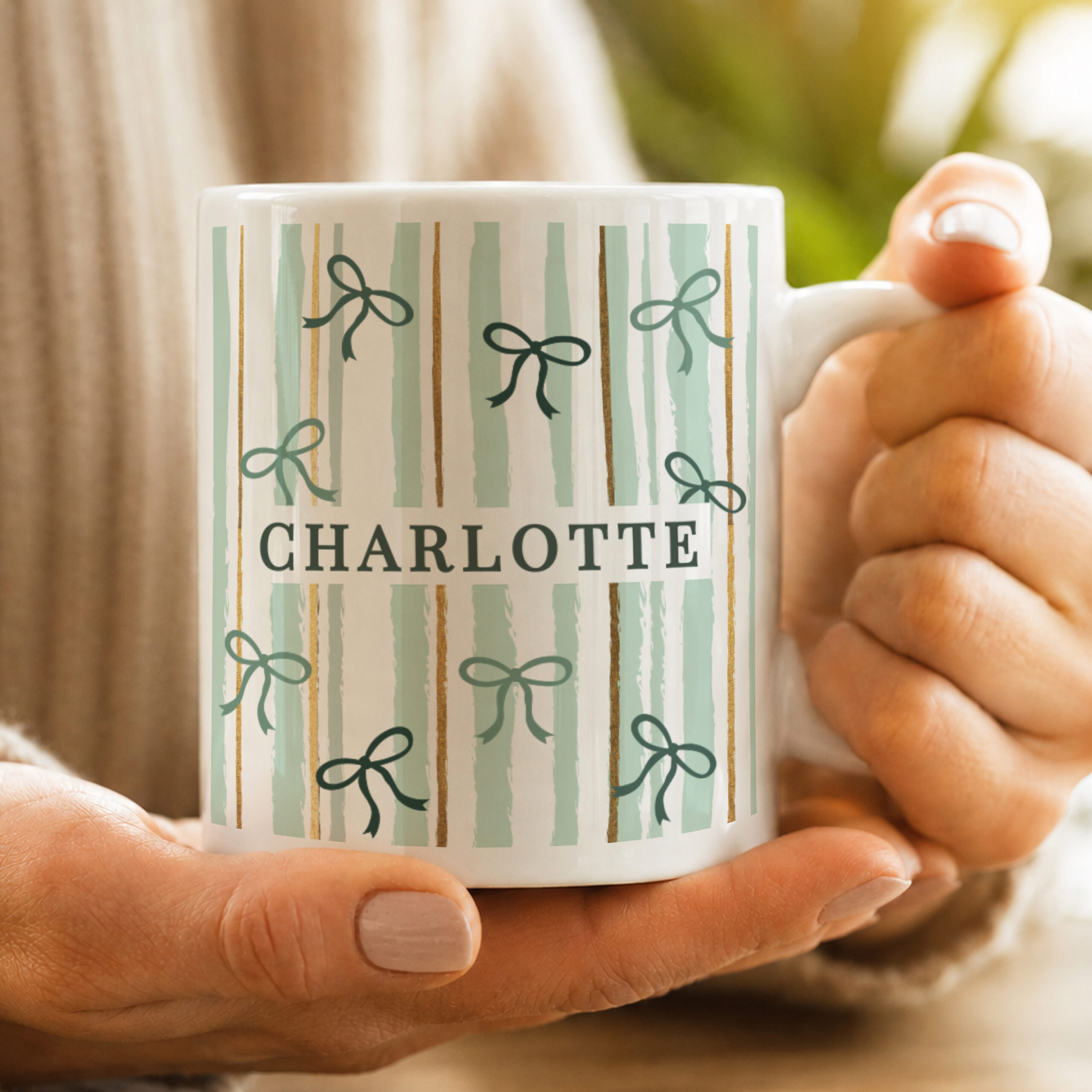 Personalised Green Stripe Bow Mug 2 Personalised Green Stripe Bow Mug