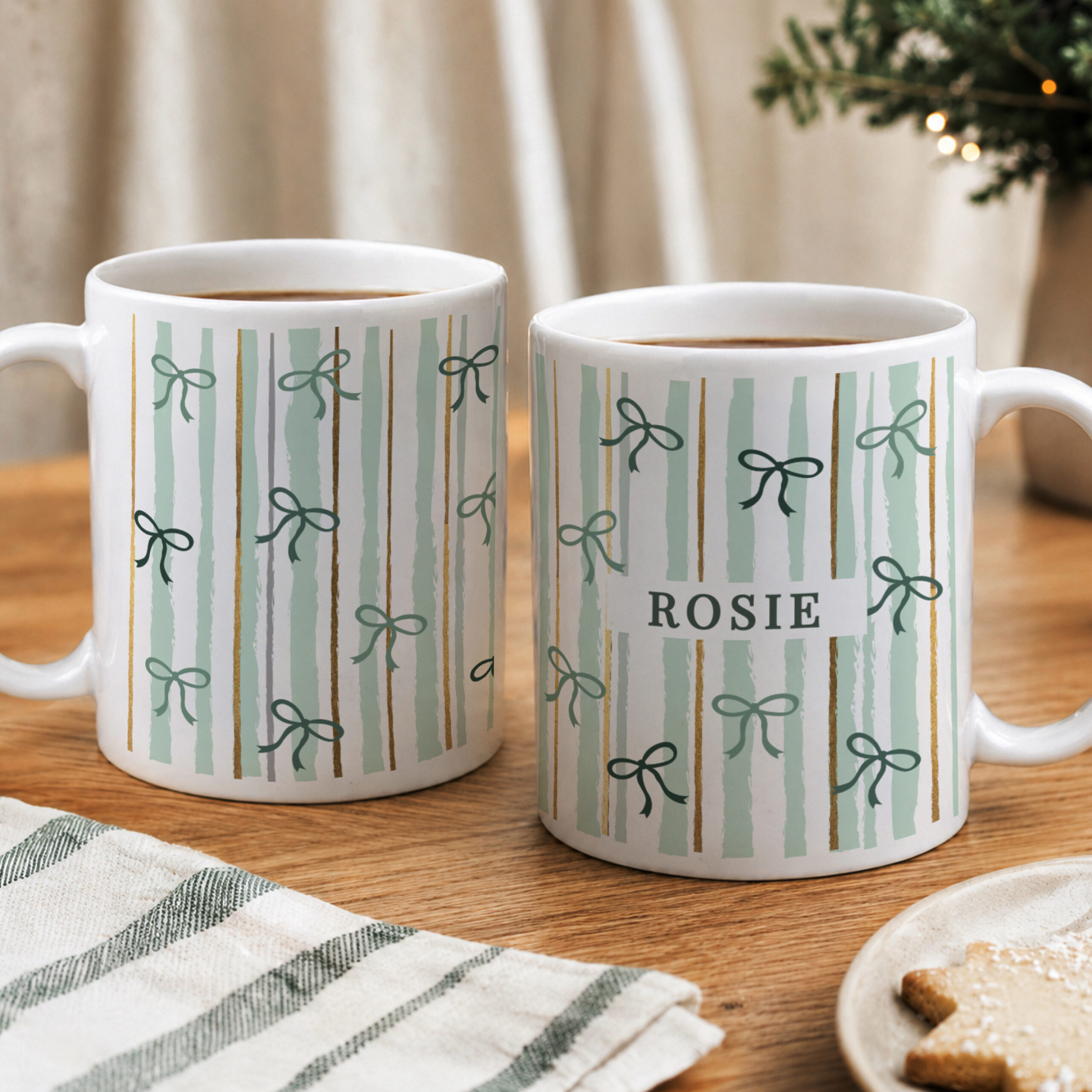 Personalised Green Stripe Bow Mug 3 Personalised Green Stripe Bow Mug