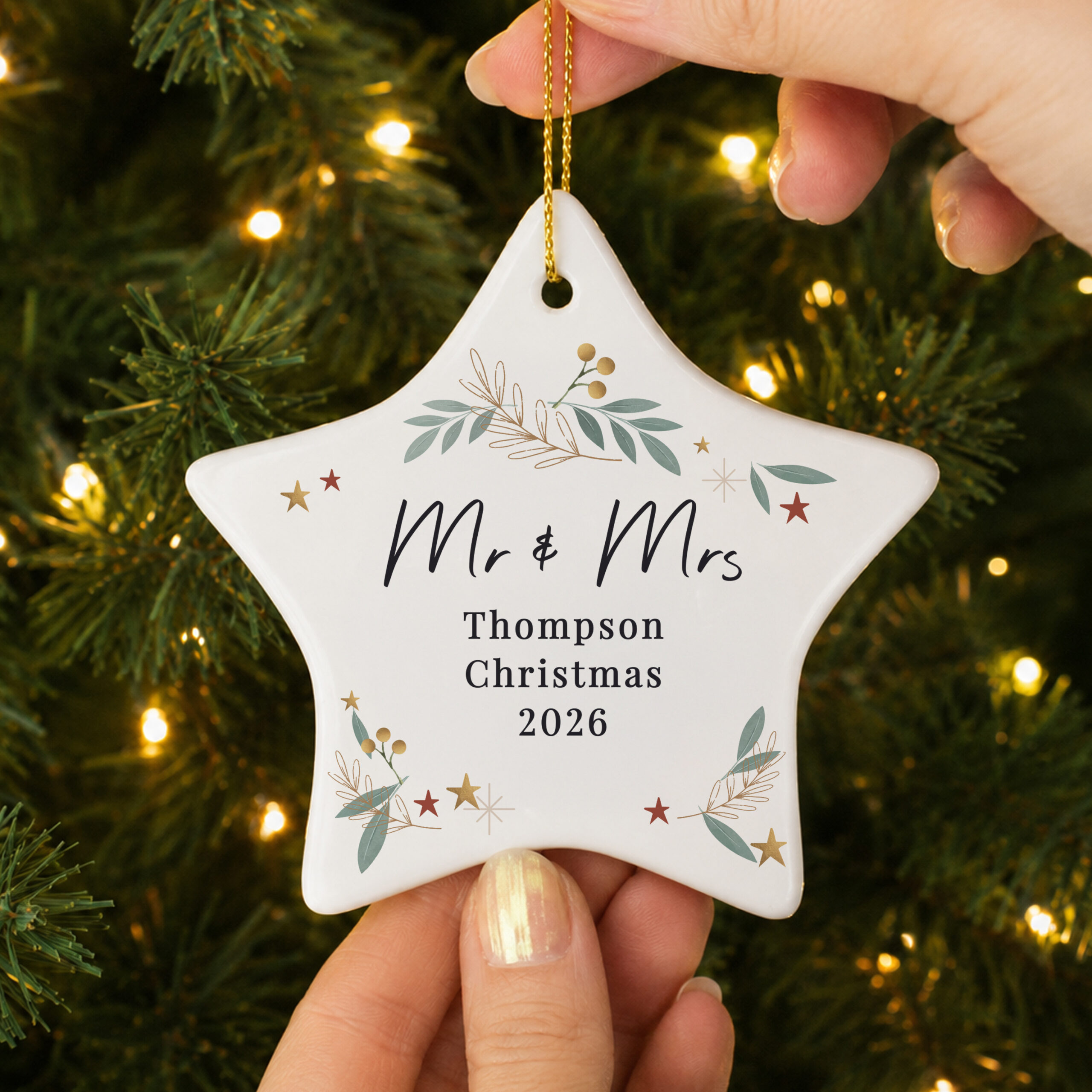 Personalised Christmas Botanical Ceramic Star Decoration 2 Personalised Christmas Botanical Ceramic Star Decoration