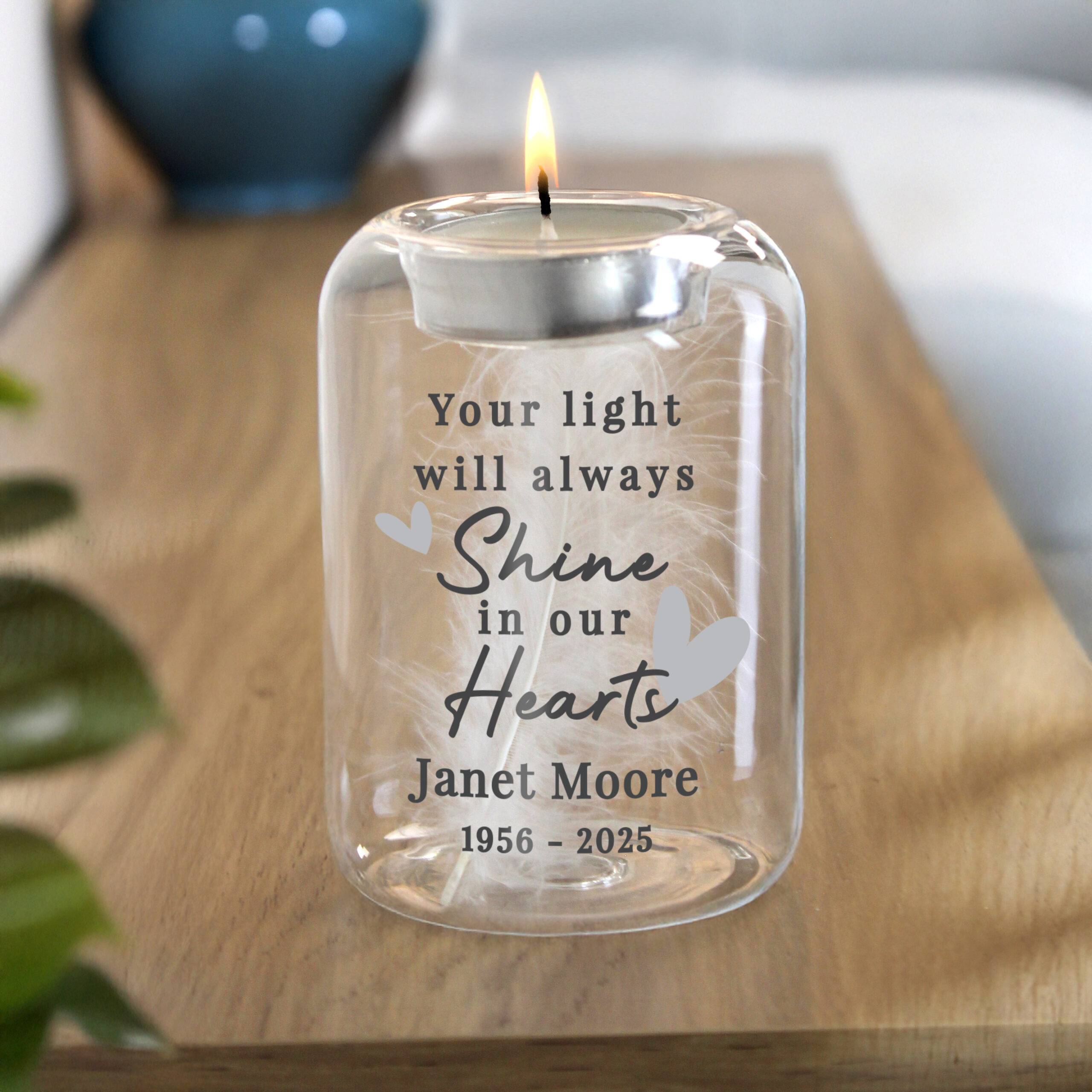 Personalised In Our Hearts Memorial Feather Tealight Holder 1 Personalised In Our Hearts Memorial Feather Tealight Holder