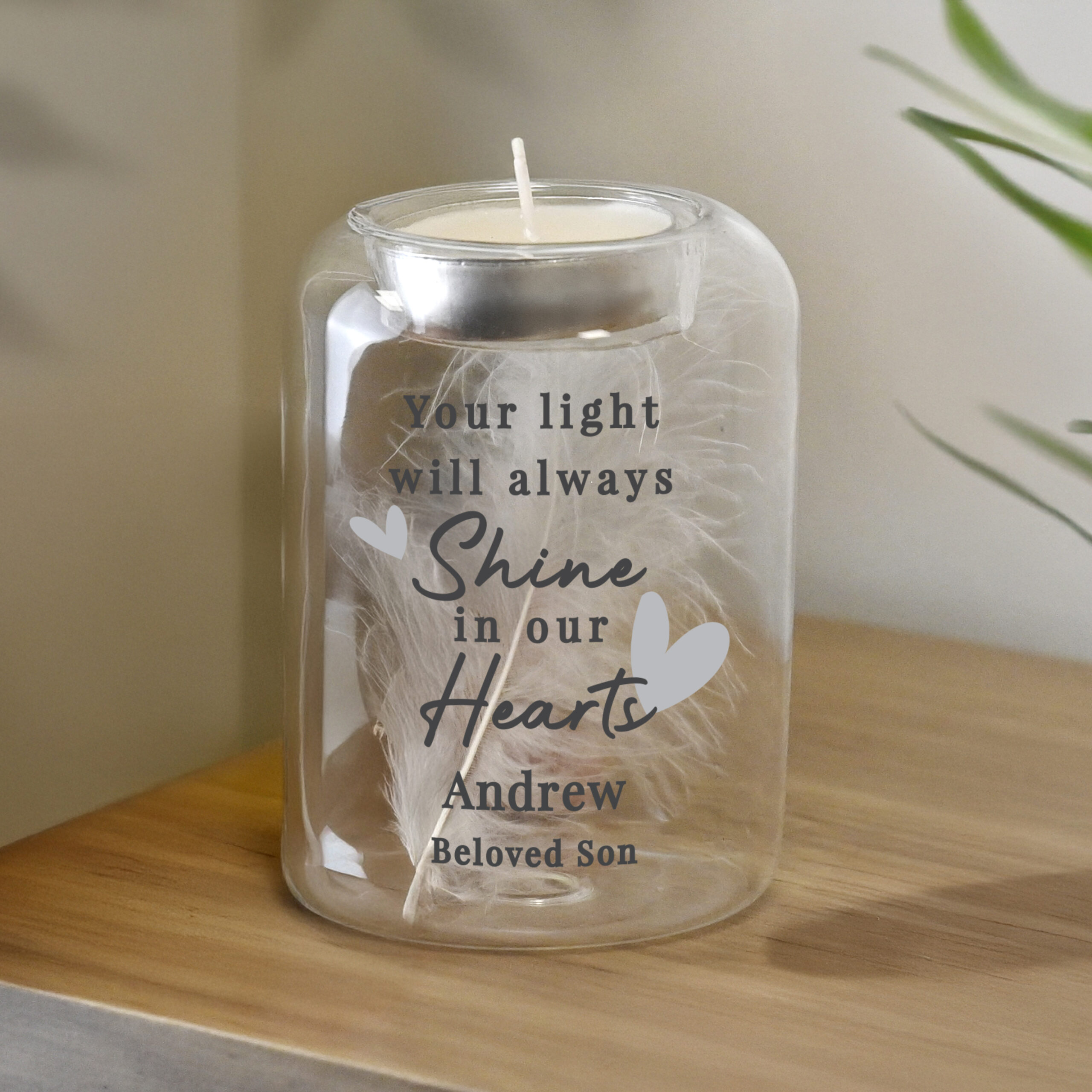 Personalised In Our Hearts Memorial Feather Tealight Holder 2 Personalised In Our Hearts Memorial Feather Tealight Holder