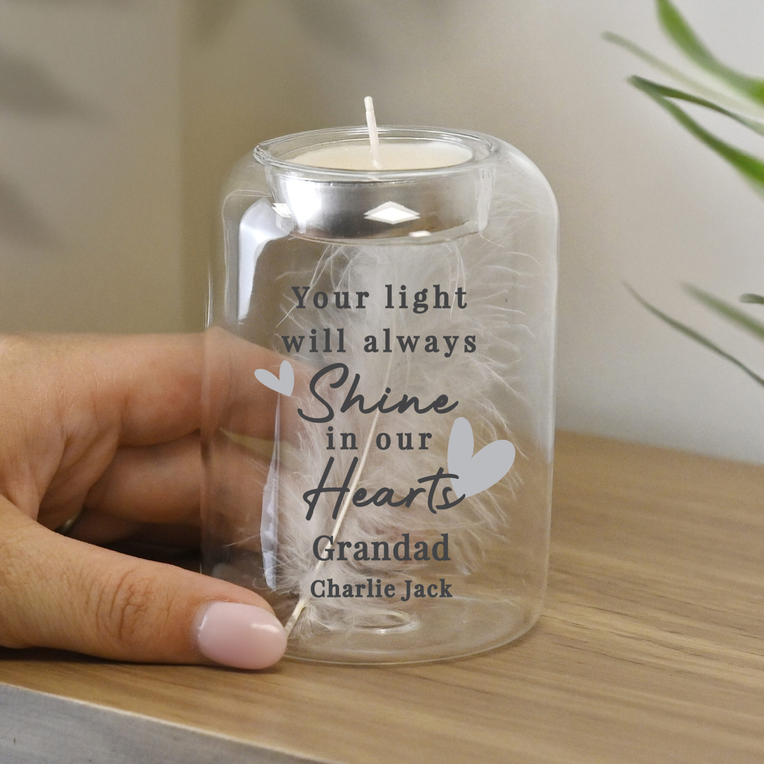 Personalised In Our Hearts Memorial Feather Tealight Holder 3 Personalised In Our Hearts Memorial Feather Tealight Holder