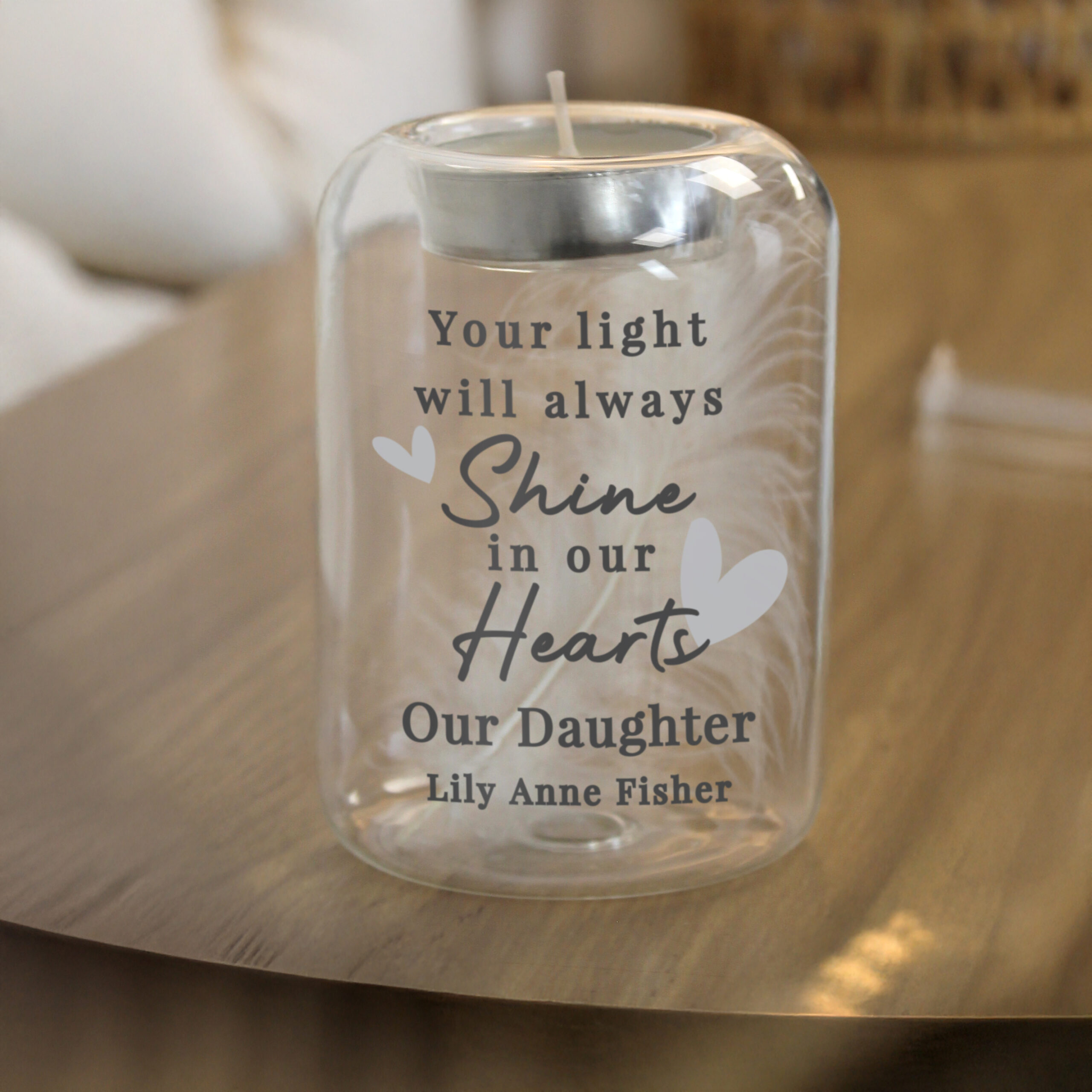 Personalised In Our Hearts Memorial Feather Tealight Holder 4 Personalised In Our Hearts Memorial Feather Tealight Holder