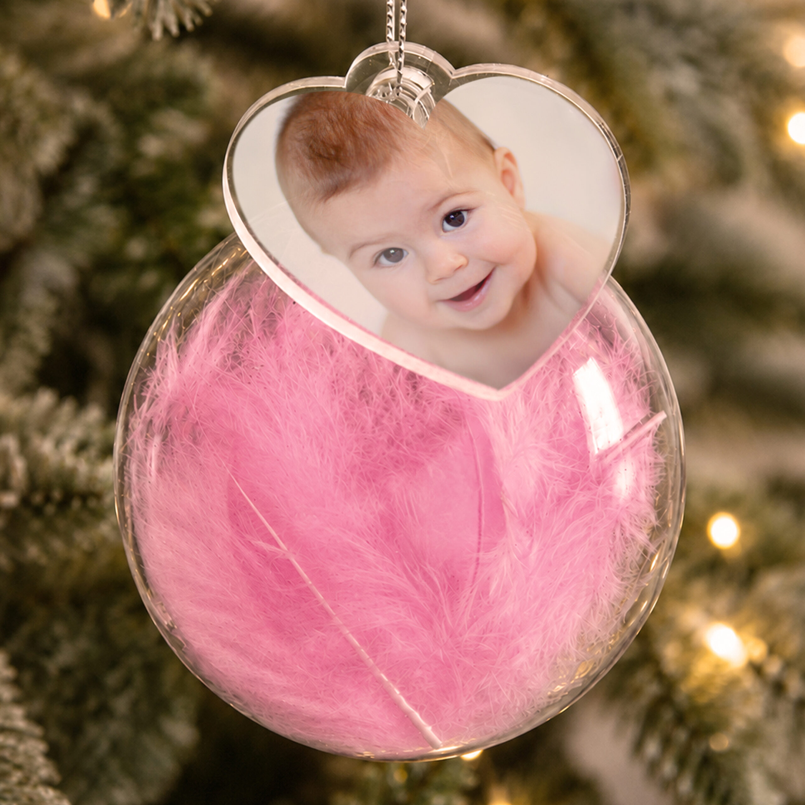 Personalised Photo Upload Pink Feather Glass Bauble 1 Personalised Photo Upload Pink Feather Glass Bauble