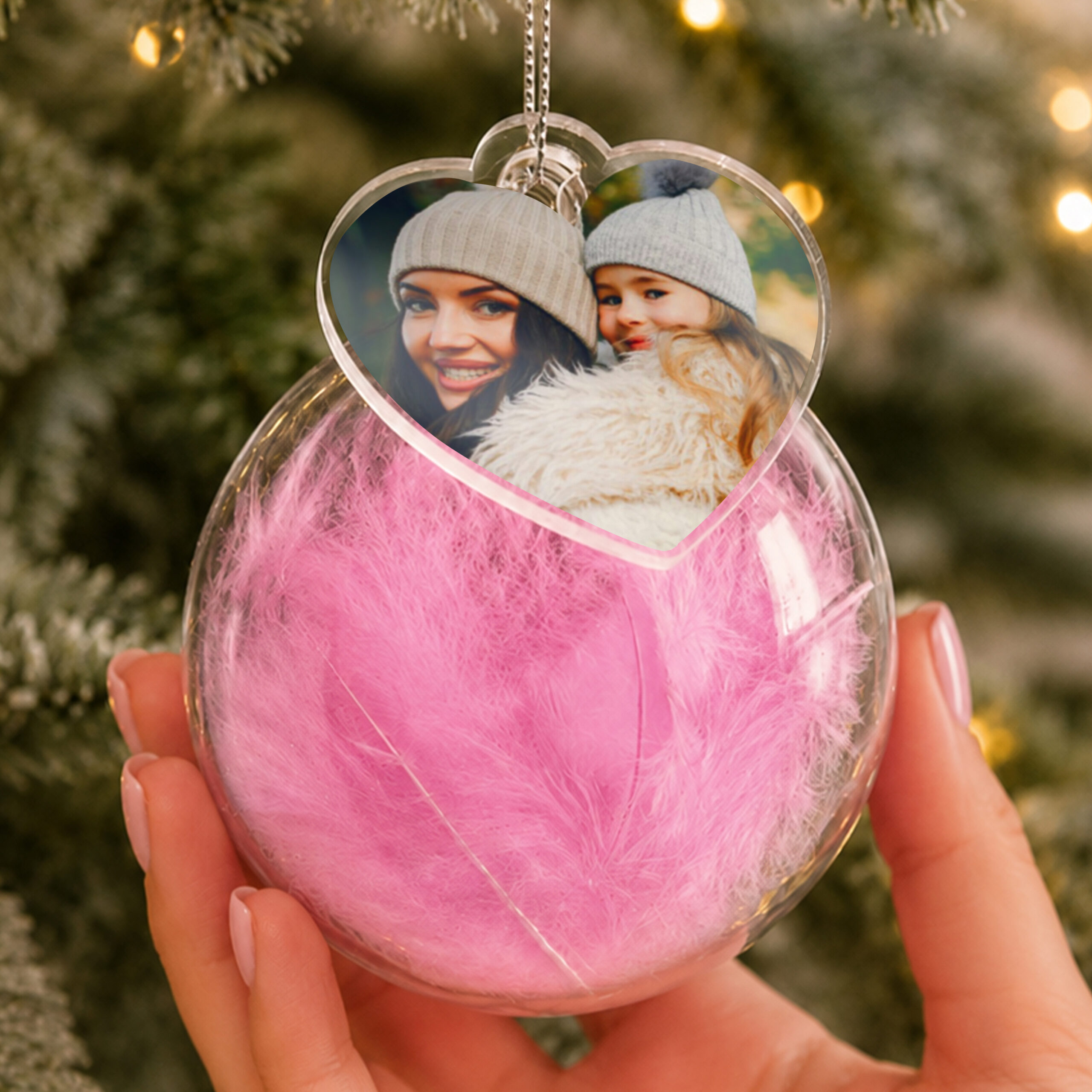 Personalised Photo Upload Pink Feather Glass Bauble 2 Personalised Photo Upload Pink Feather Glass Bauble