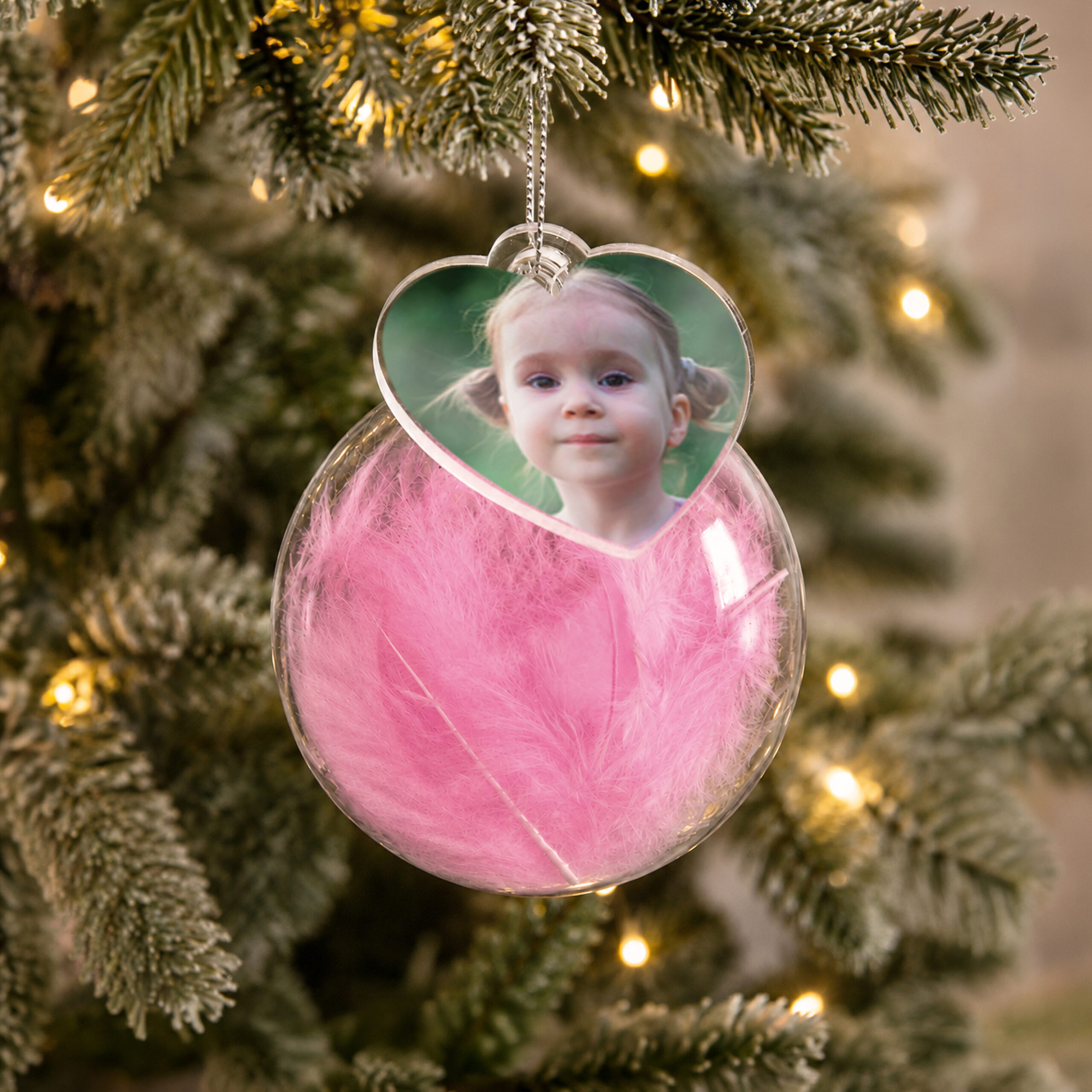 Personalised Photo Upload Pink Feather Glass Bauble 3 Personalised Photo Upload Pink Feather Glass Bauble