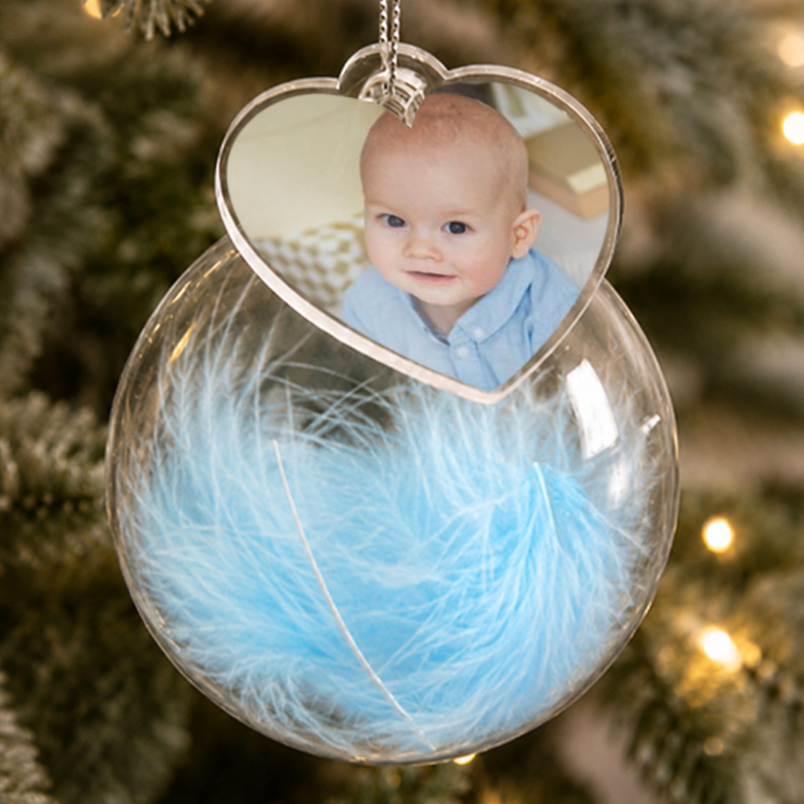 Personalised Photo Upload Blue Feather Glass Bauble 1 Personalised Photo Upload Blue Feather Glass Bauble