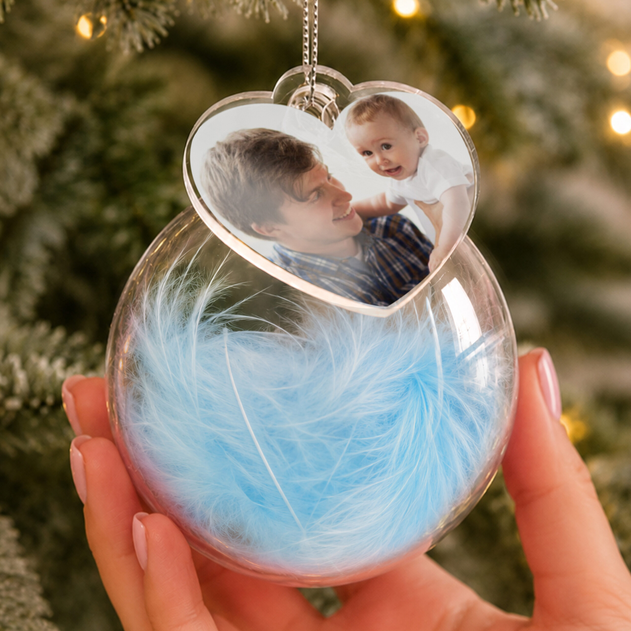 Personalised Photo Upload Blue Feather Glass Bauble 2 Personalised Photo Upload Blue Feather Glass Bauble