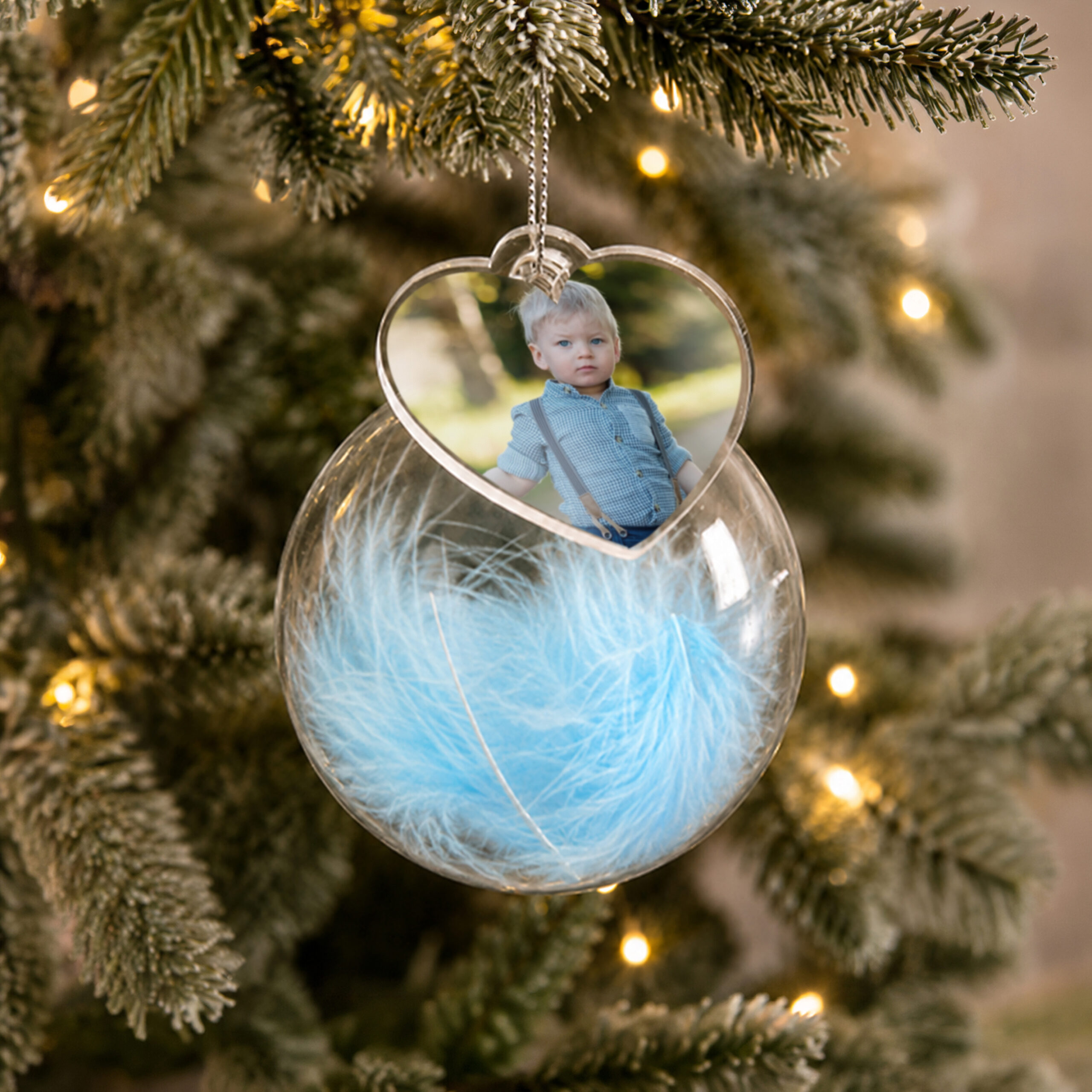 Personalised Photo Upload Blue Feather Glass Bauble 3 Personalised Photo Upload Blue Feather Glass Bauble