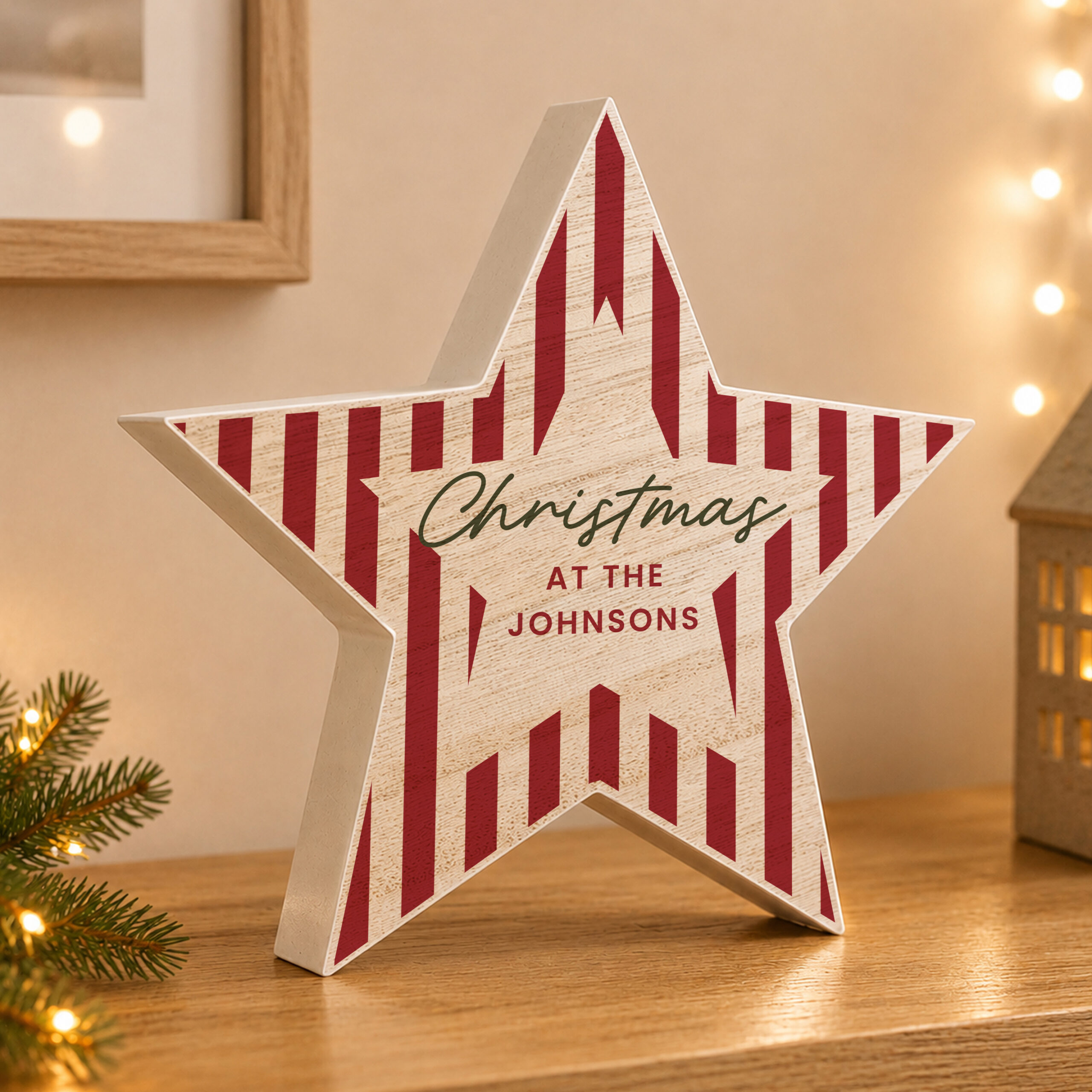 Personalised Candy Cane Stripes Wooden Star Ornament 1 Personalised Candy Cane Stripes Wooden Star Ornament