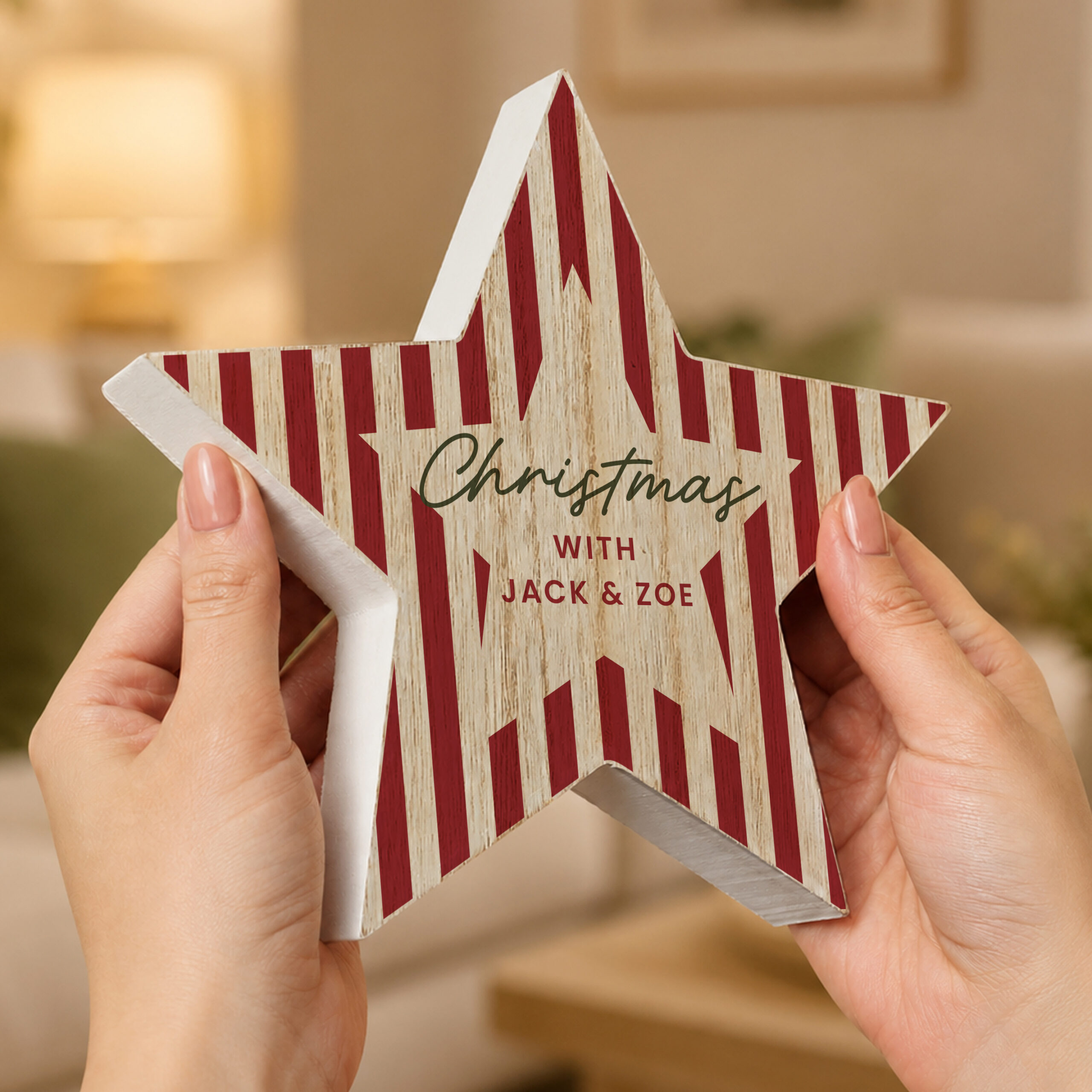 Personalised Candy Cane Stripes Wooden Star Ornament 2 Personalised Candy Cane Stripes Wooden Star Ornament