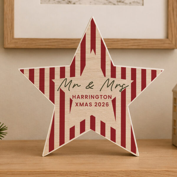 Personalised Candy Cane Stripes Wooden Star Ornament