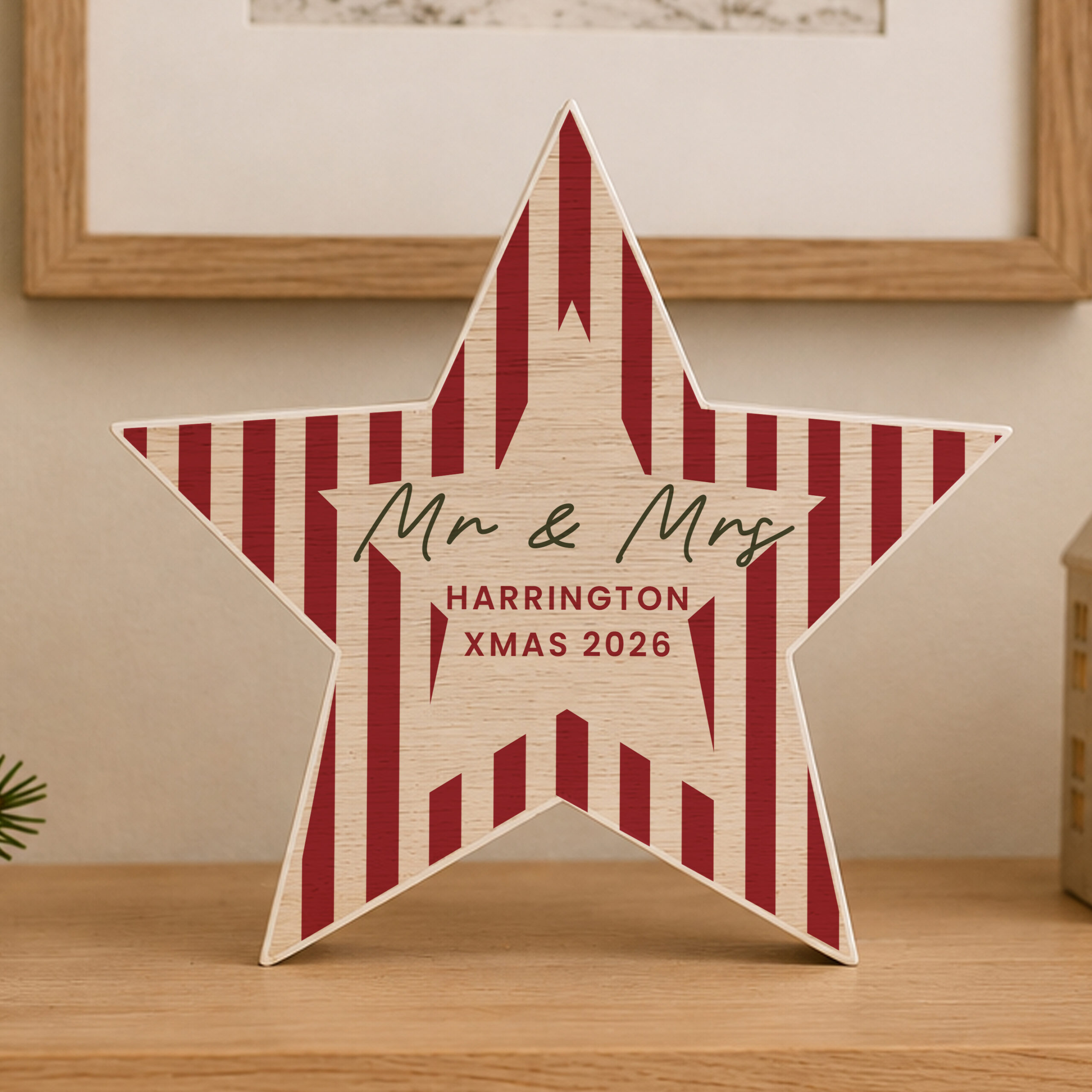 Personalised Candy Cane Stripes Wooden Star Ornament 3 Personalised Candy Cane Stripes Wooden Star Ornament