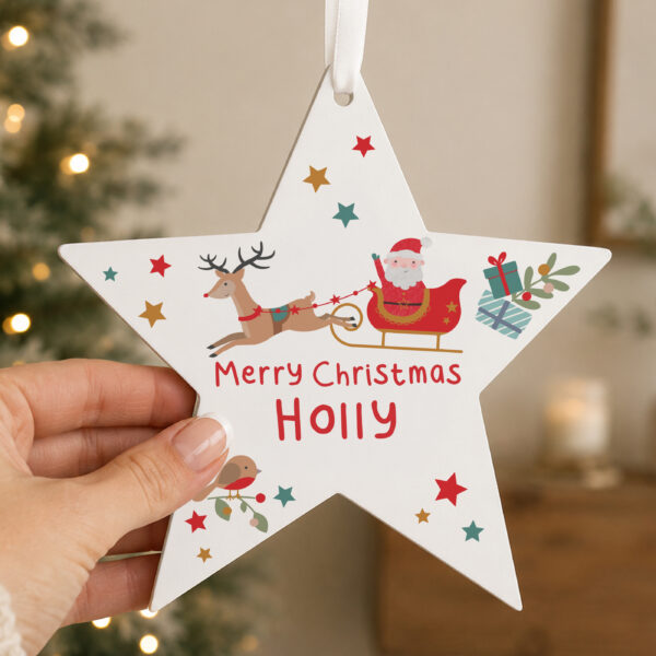 Personalised Santa & Reindeer Wooden Star Decoration