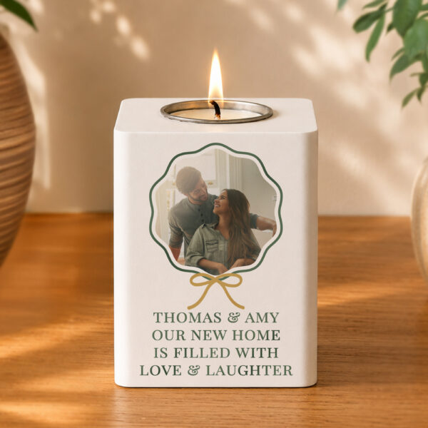 Personalised Scallop Bow Photo Upload White Wooden Tealight Holder