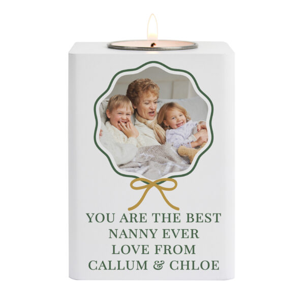 Personalised Scallop Bow Photo Upload White Wooden Tealight Holder