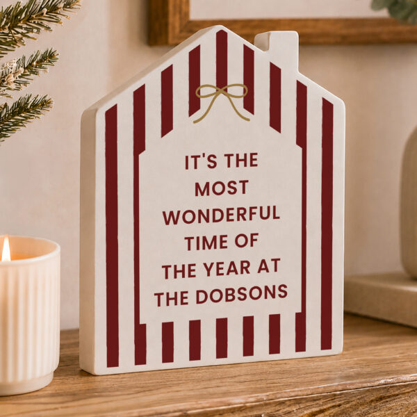 Personalised Candy Cane Stripe Wooden House Ornament