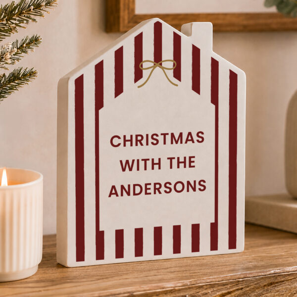 Personalised Candy Cane Stripe Wooden House Ornament
