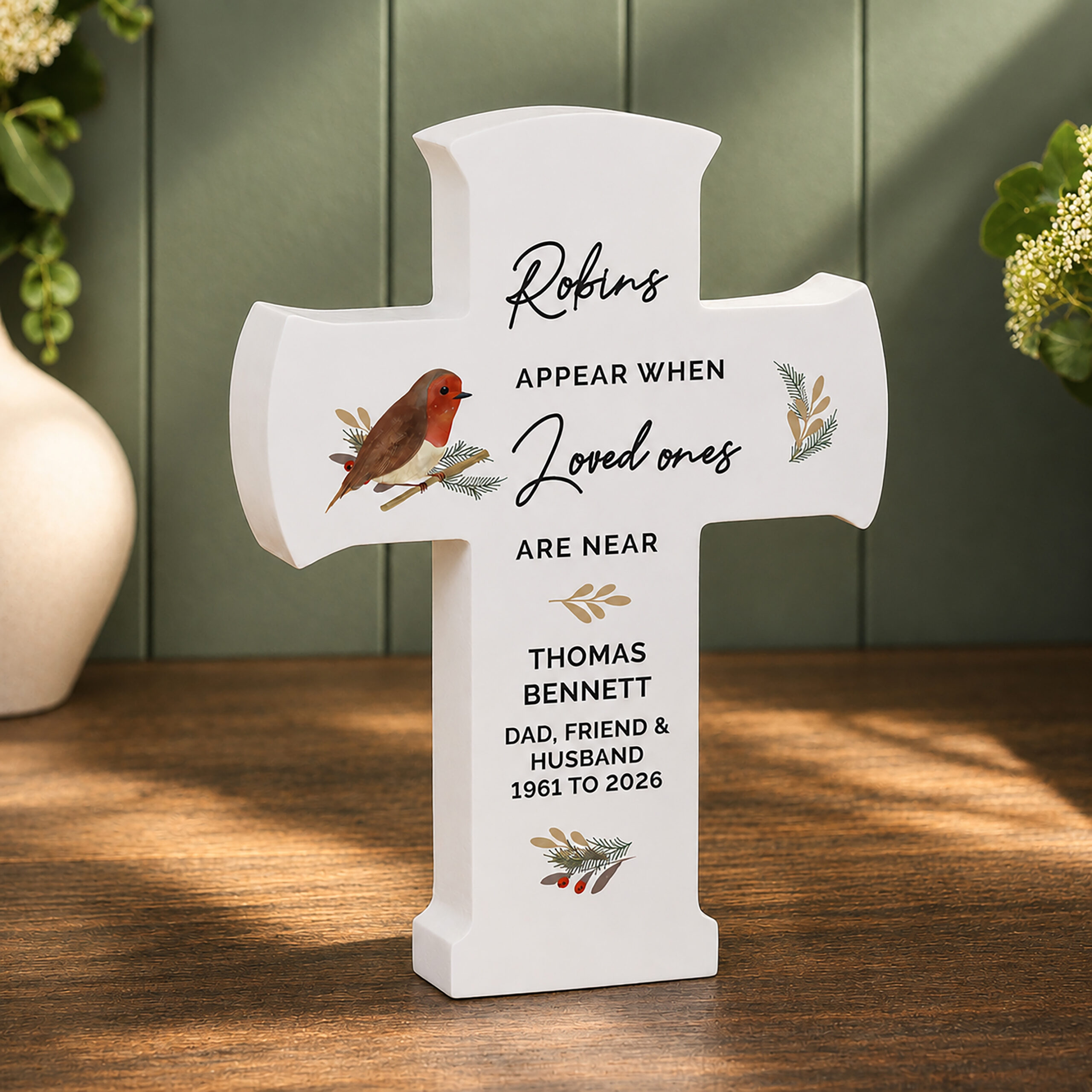 Personalised Robin Memorial Cross Wooden Ornament 1 Personalised Robin Memorial Cross Wooden Ornament