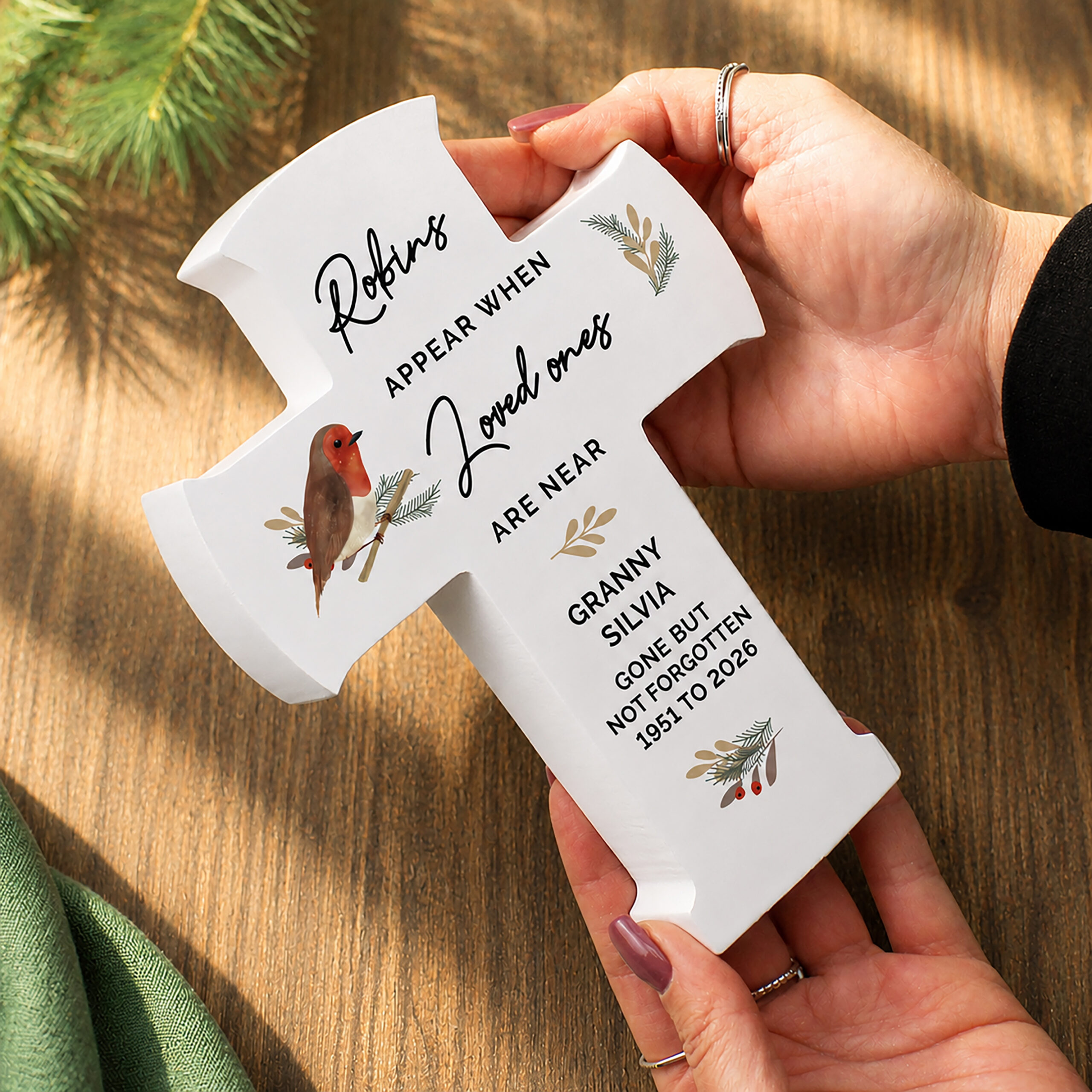 Personalised Robin Memorial Cross Wooden Ornament 2 Personalised Robin Memorial Cross Wooden Ornament