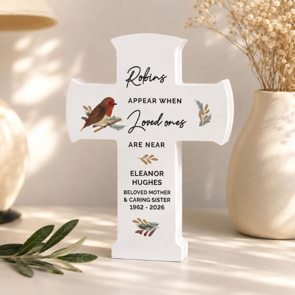 Personalised Robin Memorial Cross Wooden Ornament