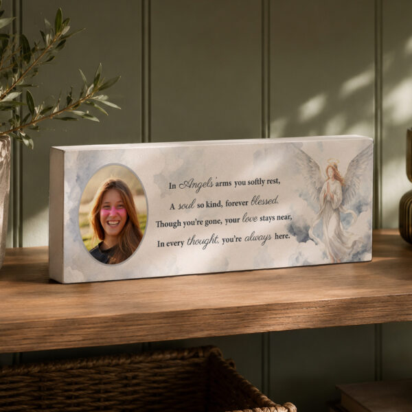 Personalised Memorial Angel Photo Upload Wooden Mantle Block